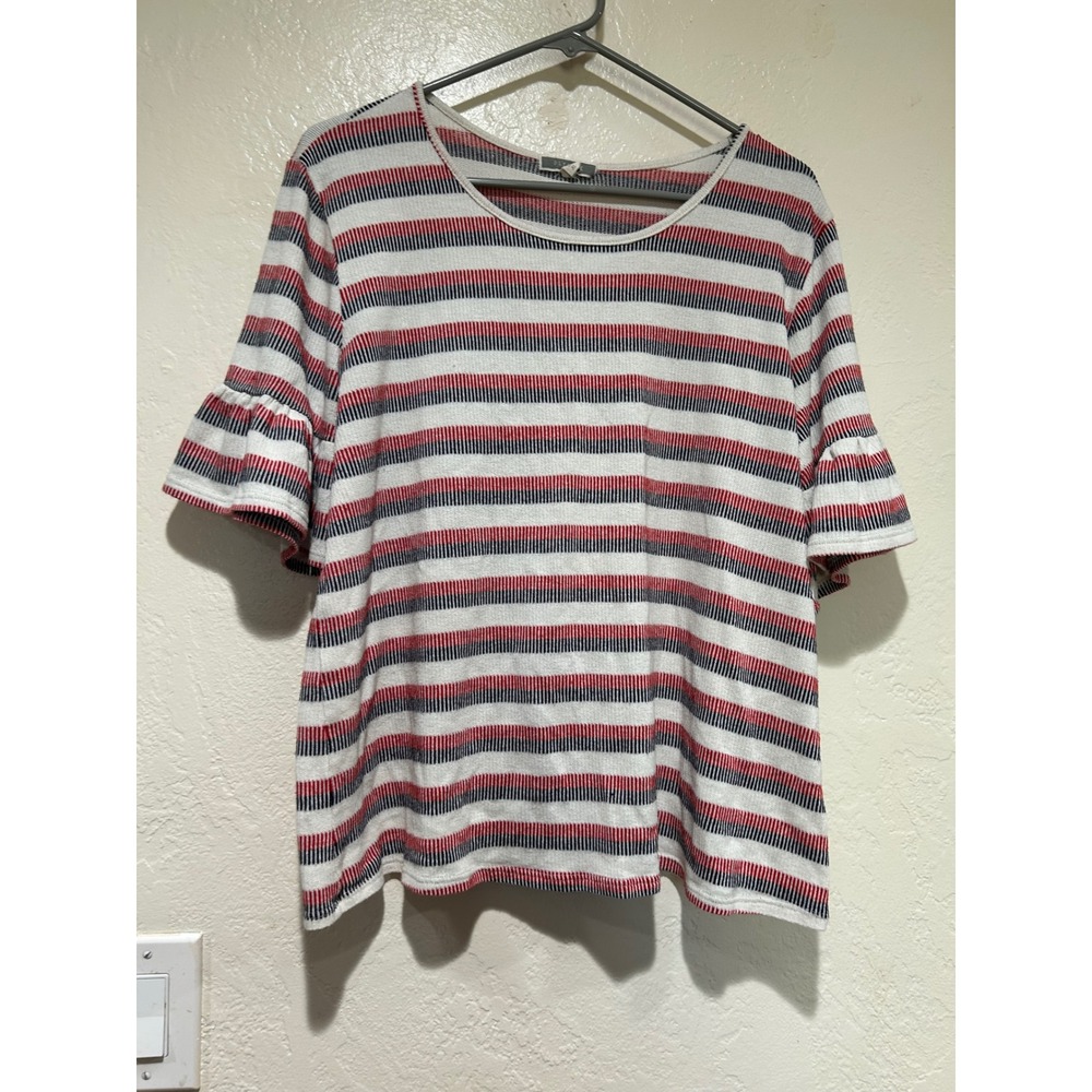 Pleione Womens XL Red Navy Blue Striped Ruffle Bell Sleeve Knit Top Scoop‎ Neck